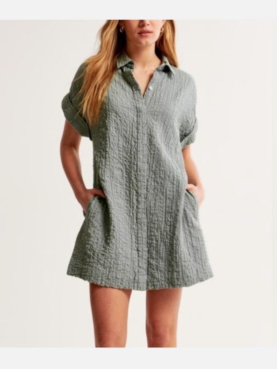 Abercrombie & Fitch Dresses & Skirts - Abercrombie Textured Button-Through Shirt Dress Medium Green Gauze Cotton Summer
